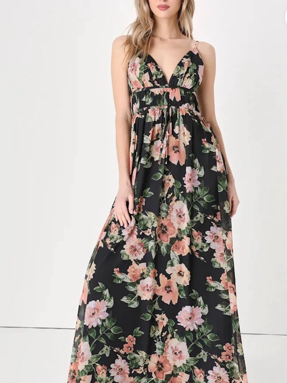 Lulu's Black Maxi Dress with Peach Floral Print